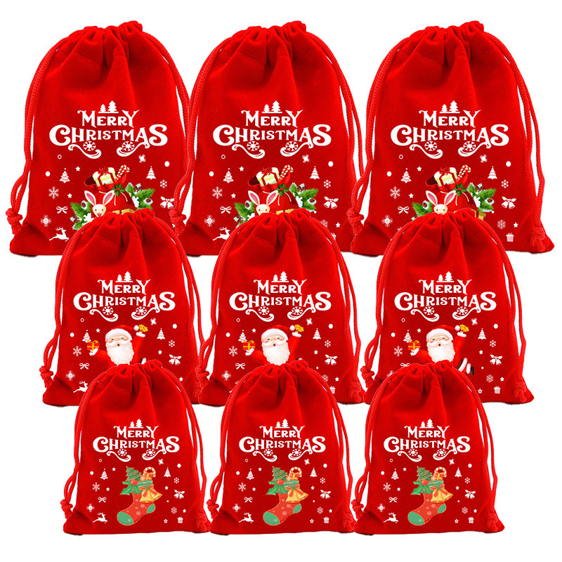 

1PC Red Christmas Velvet Bags Santa Snowman Candy Drawstring Pouch Wrapping Bag for New Year Party Decoration Storage Bag