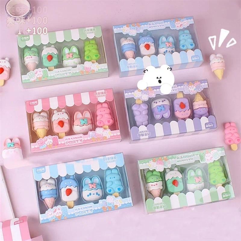 

4pcs Cute Rubber Eraser Kawaii Rabbit Ice Cream Pencil Erasers Wipe Clean Writing Drawing Korean Stationery Kids Office Supplies