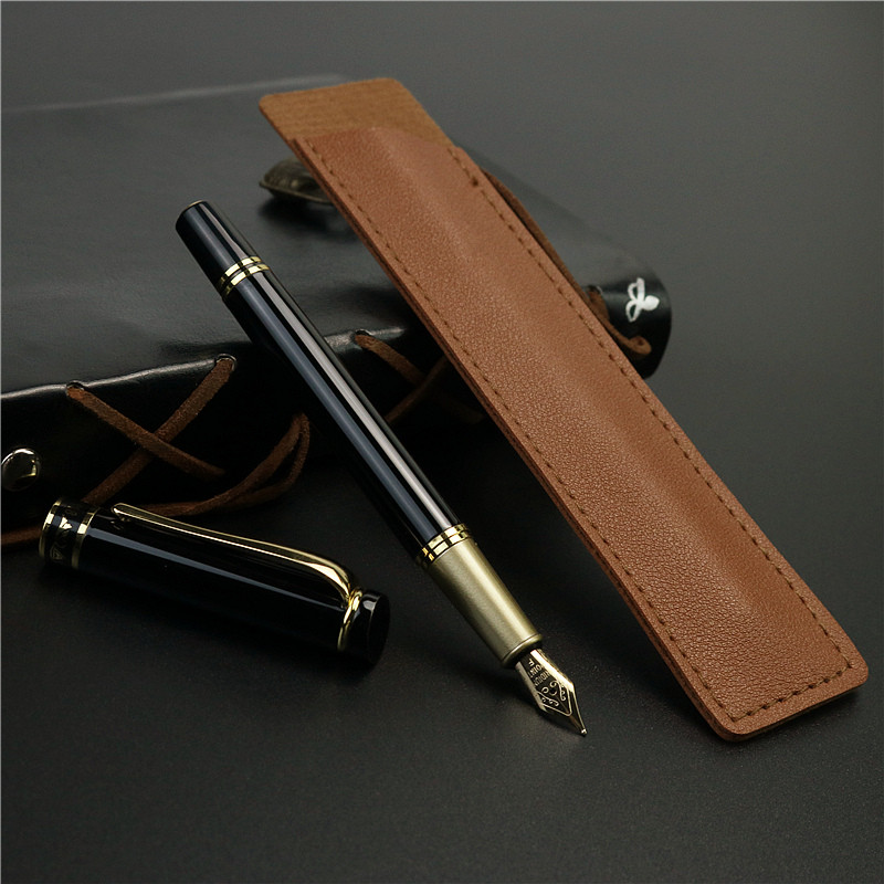 

Fountain Pen With exquisite leather Pencil case No ink in the pen Gold text iridium high-quality pen tip
