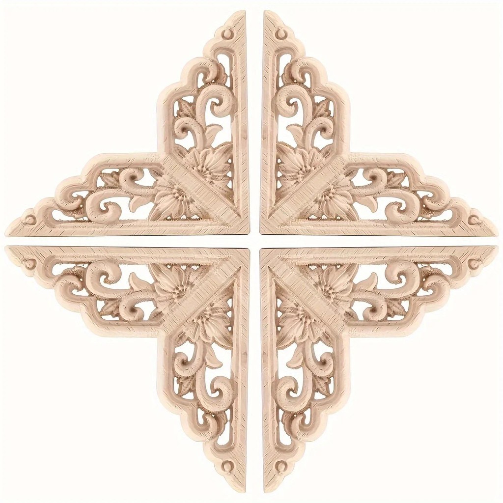 

4PCS Corner Wooden Carving Decal Unpainted Wood Appliques Onlays DIY Wood Carved Furniture Appliques Onlays