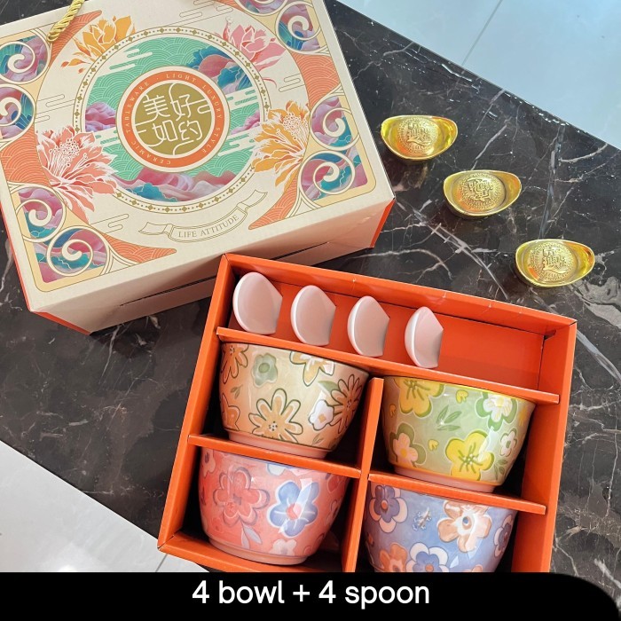 

HAMPERS IMLEK 2024 NAGA PREMIUM CNY GIFT SET KADO BOWL CERAMIC XINCIA - Set C -4b+4s