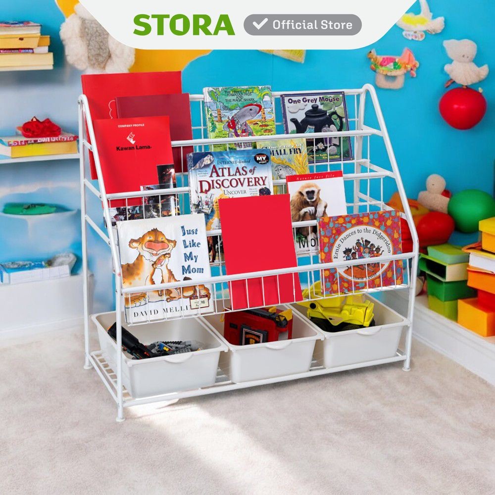 Stora Rak Buku Anak Dengan 3 Tray Plastik - Putih Bookshelf Books Storage Cabinet Kabinet Tempat Buk