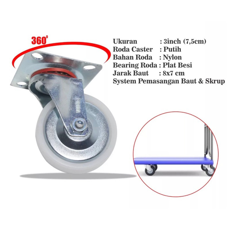 Roda caster nylon 3” putih roda hidup