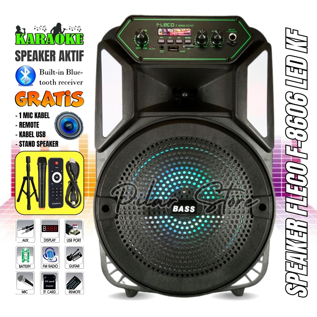 SERBA COD Speaker bluetooth full bass komplit Fleco F-8606 LED KF karaoke Salon bluetooth full bass 