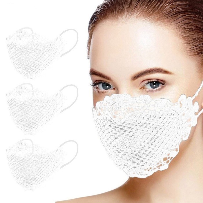 NEW -Masker Kain 3Pcs Brukat Lace Fashionable Wanita Dewasa Pesta Kondangan - 3 Putih