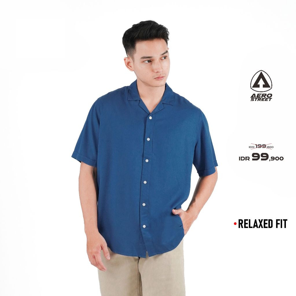 Aerostreet Kemeja Rayon Marva Prussian Blue Hawai Polos Cerah QABAA
