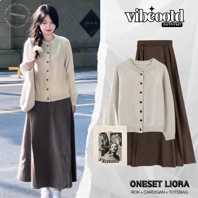 Elira Outfit Set Wanita Hijab ( Bawahan Rok A-Line Tebal + Atasan Cardigan Kancing Lengan Panjang Ov