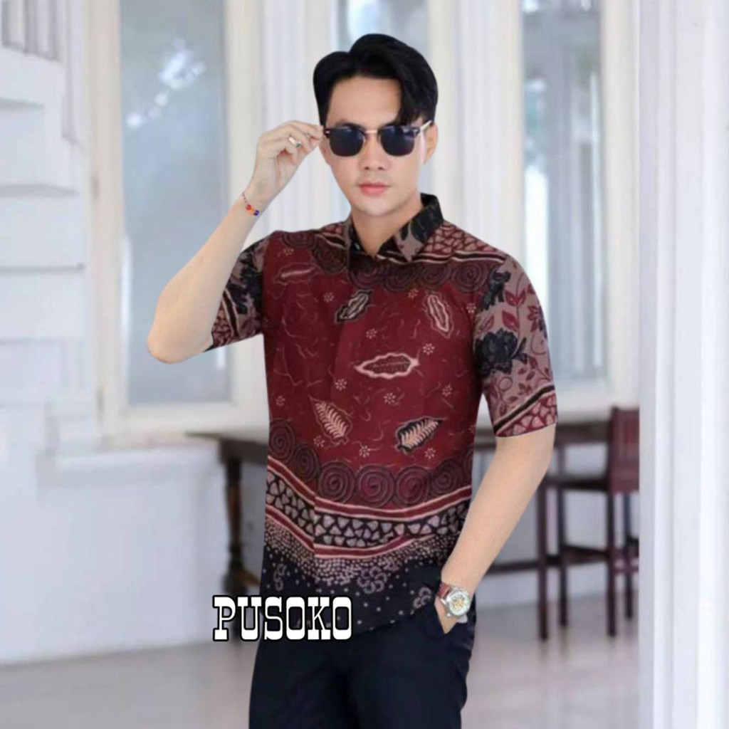 Kemeja Hem Baju Batik Pria Lengan Pendek motif Godong Gedhang Maron Katun