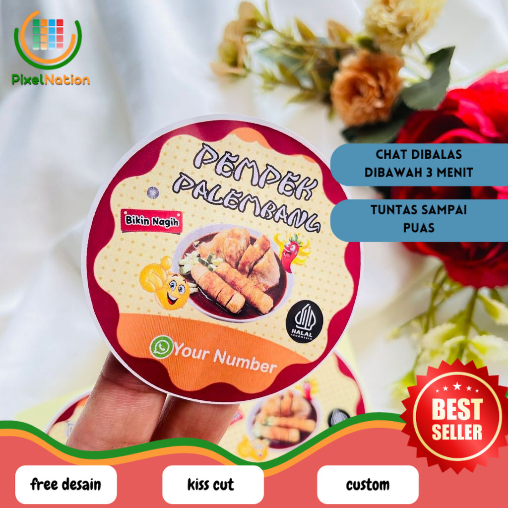 

PiNat 5-8 Sticker Pempek Palembang Stiker Tekwan Makanan Khas Cetak Label Produk Custom Nama