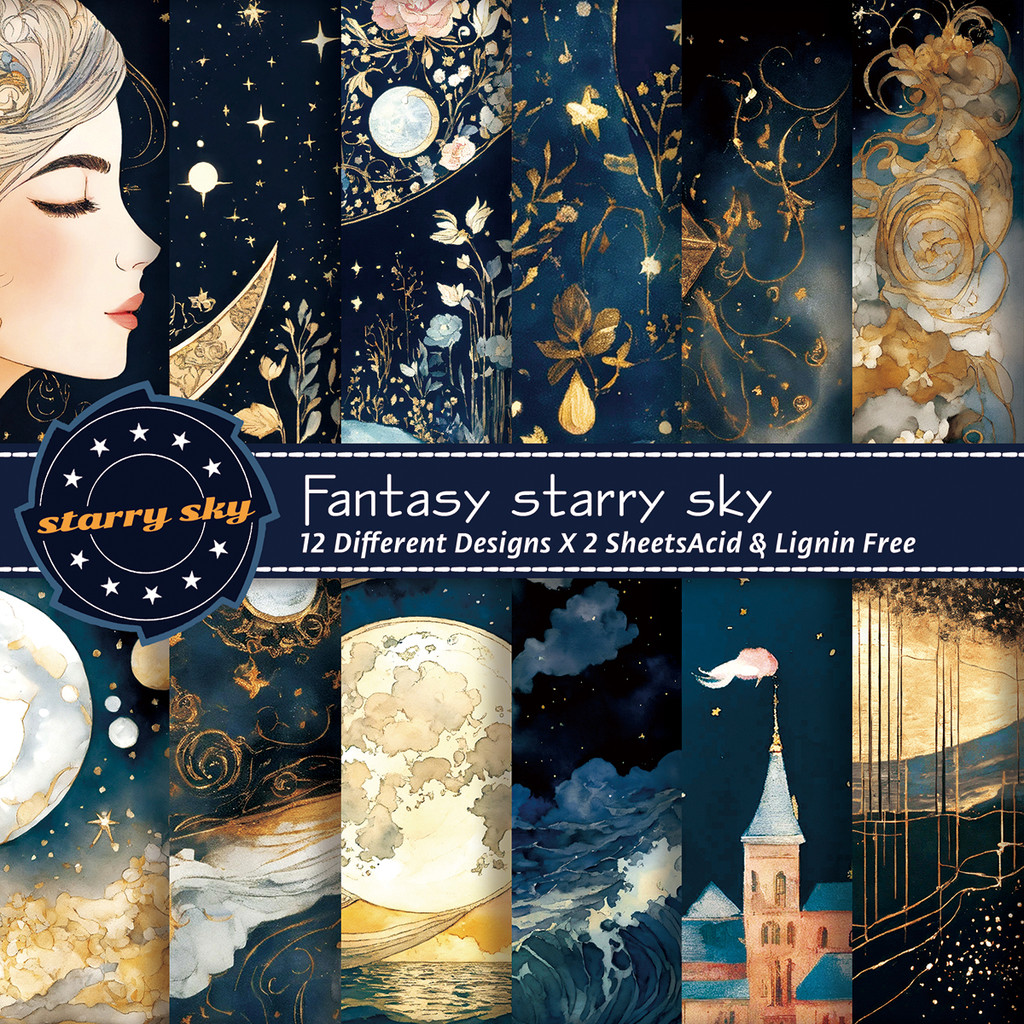 

24Sheets Fantasy Starry Moon Sky Junk Journal Kit for DIY Crafts, Scrapbooking,and Gift Wrapping,Scrapbook Paper Pad 6x6 Inches