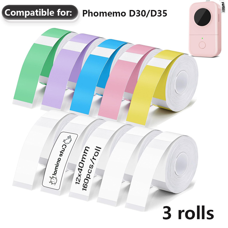 

3 Rolls color thermal sticker12×40mm Compatible with Phomemo D30/D35 marklife p15 printers adhesive thermal labels for name mark