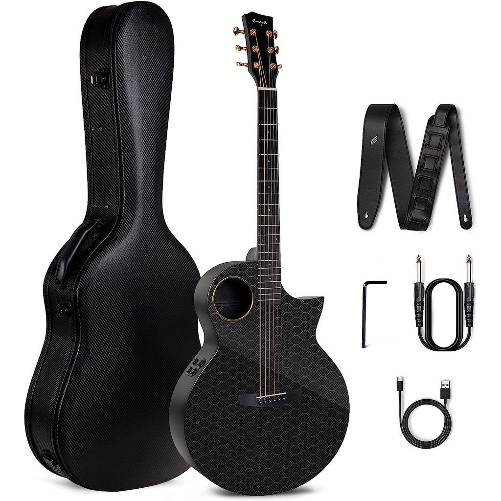Enya Carbon Fiber Acoustic Electric Guitar with Hard Case, Leather Strap, USB Type-C Cable and trume