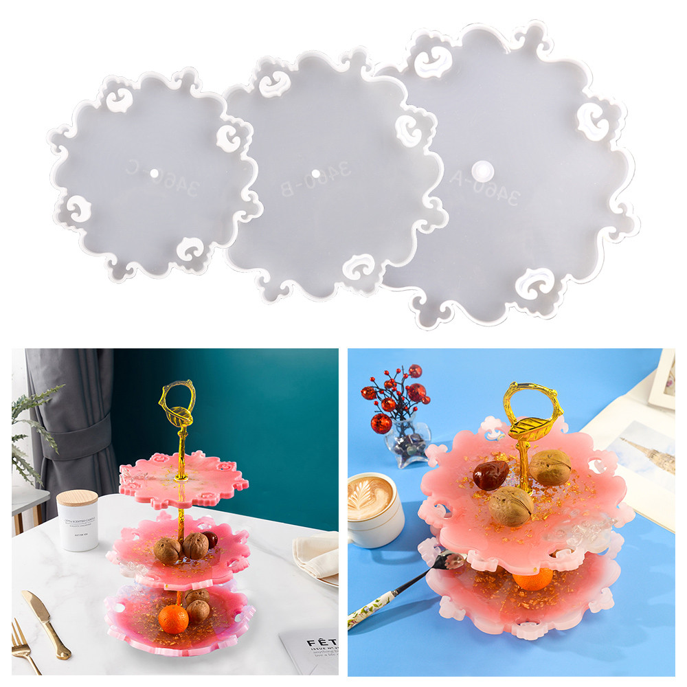 

DM361 Three Layer Fruit Serving Plate Silicone Mold Set Crystal Tea Cup Pad Cake Dessert Tray Molde With Metal Stand