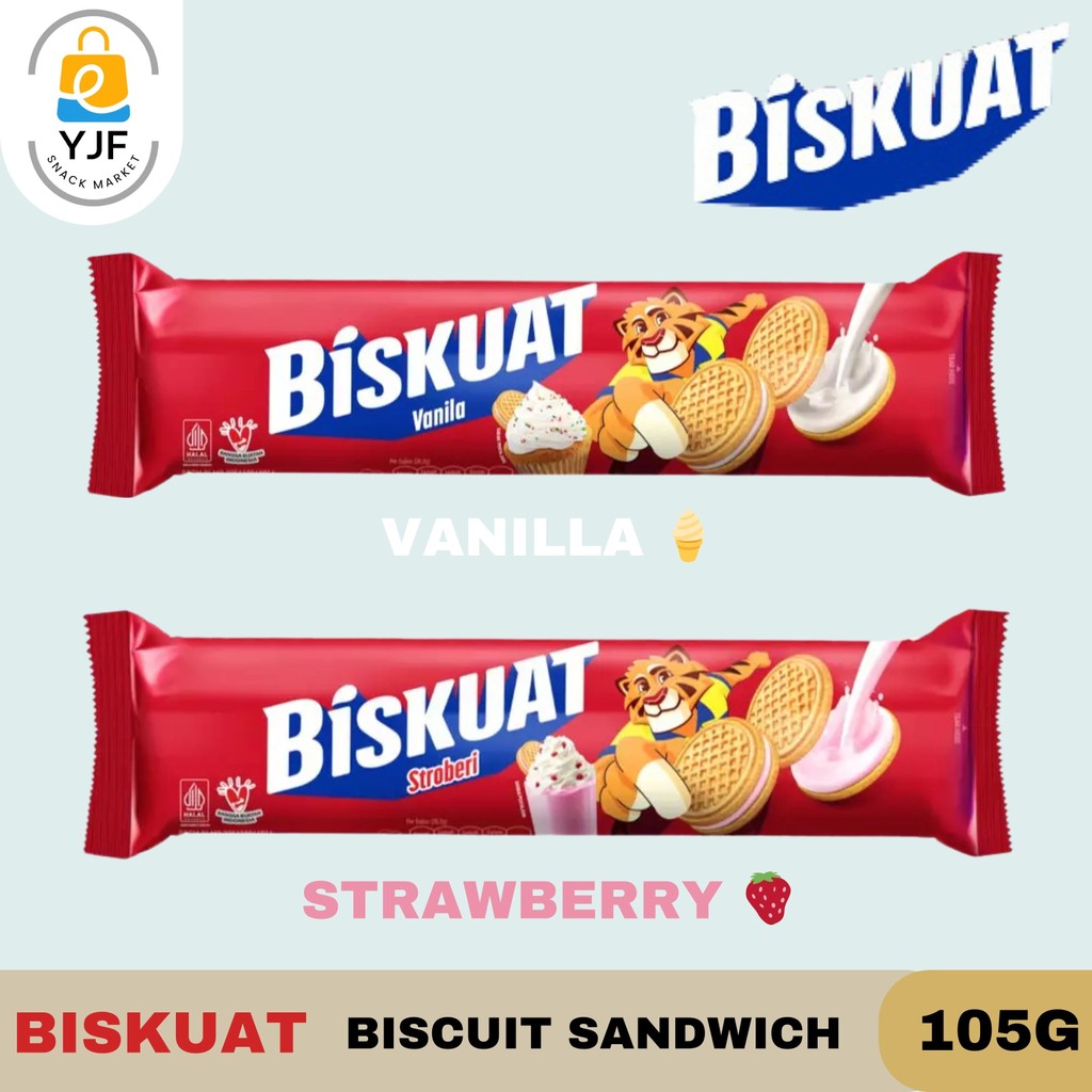

Biskuat Biscuit / Sandwich / Biskuit / Snack / Cemilan / Dengan Krim Vanila / Krim Strawberry Kemasan 105g