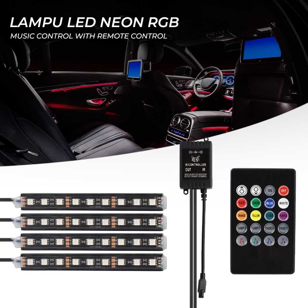 COD Lampu Hias Mobil Neon LED RGB Warna Warni Variasi Dekorasi Interior Mobil 12 Volt Remote Control