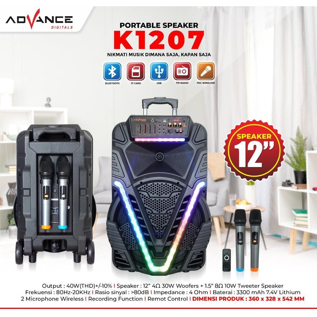 【Bisa dikirim hari ini】Advance Speaker Bluetooth karaoke portable+2xmic Wireless TWS 12inch 1207