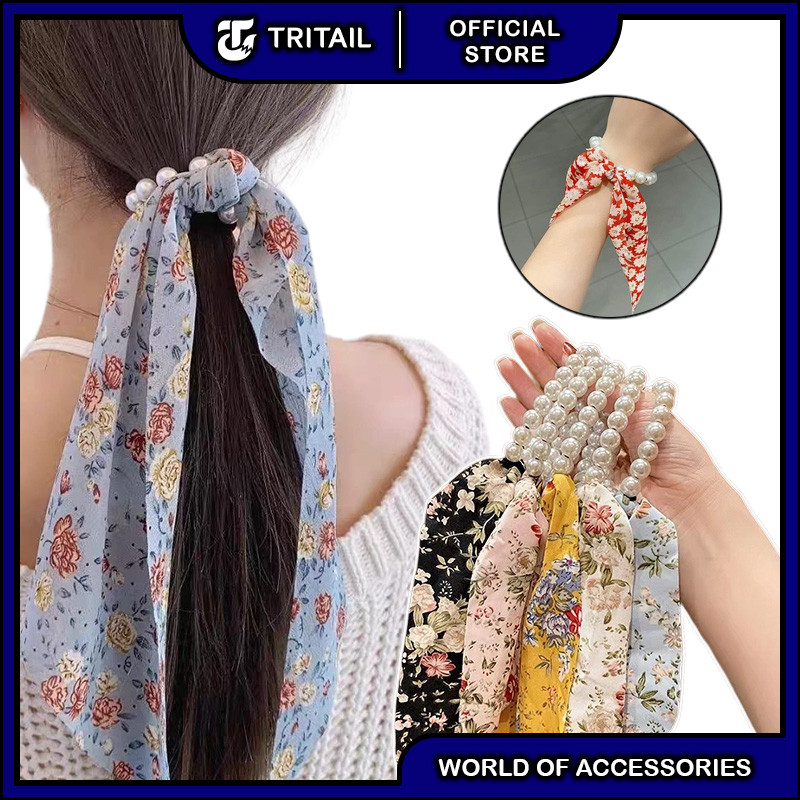 Tritail - Ikat Rambut Korea Mutiara Model Syal / Kunciran Rambut Mutiara Motif Korea