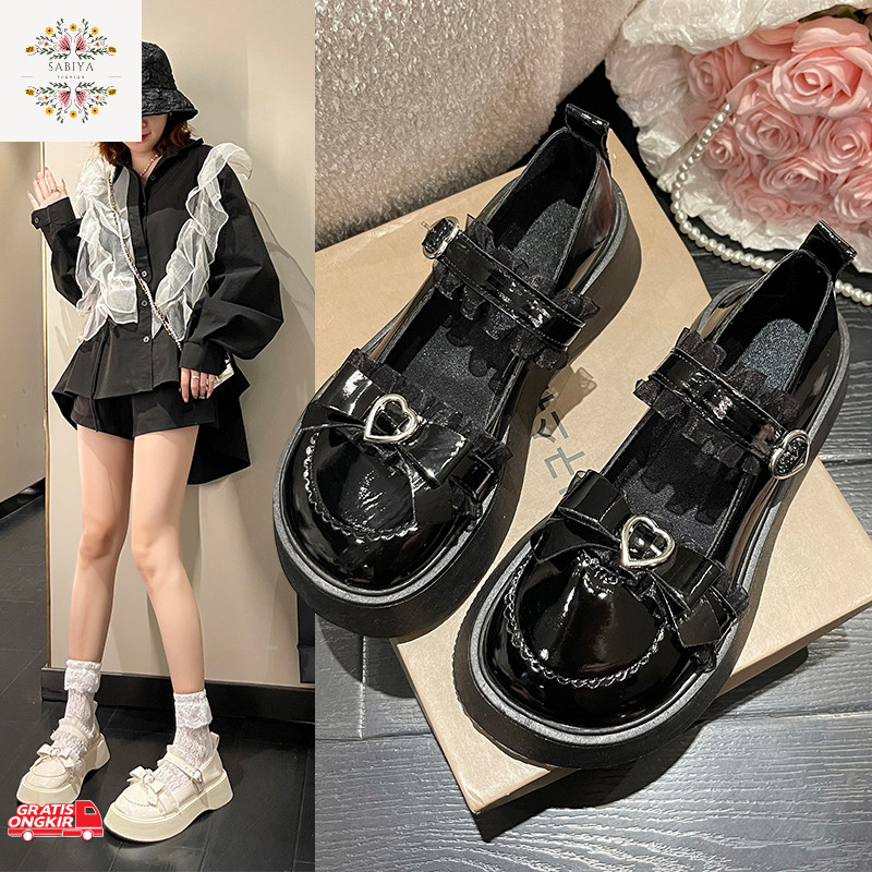 Sepatu Korea / Sepatu Mary Jane Hitam Flatshoes Heels Hak Platform Wanita Oxford Kulit Import Premiu