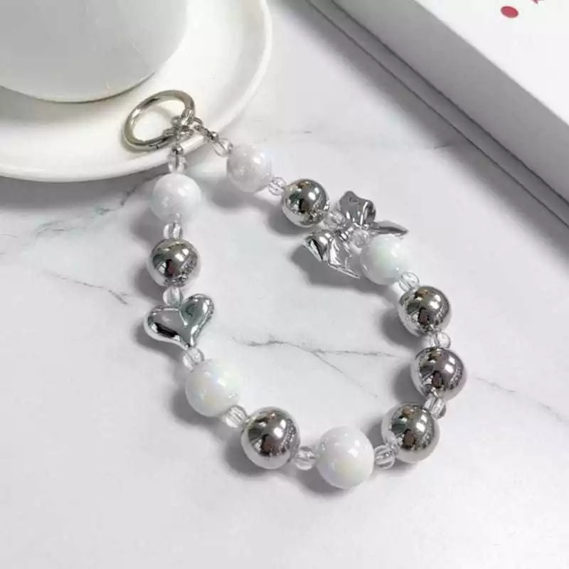 Phone Strap Pita Silver Love Manik Manik Besar Cantik Gantungan Handphone Manik Manik Besar Pita Lov