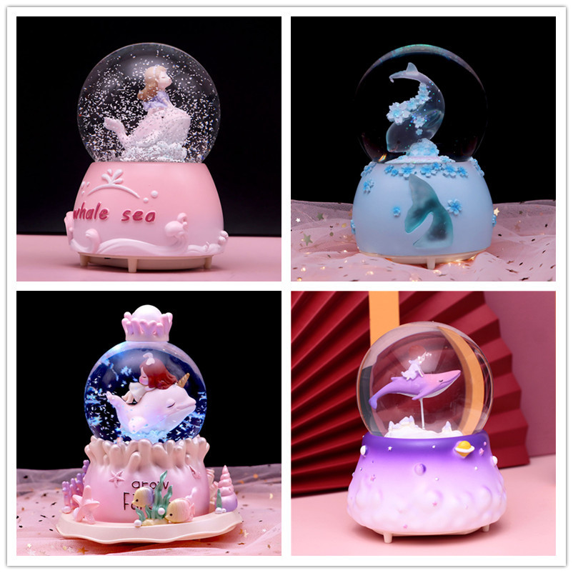 Crystal Ball Music Box Dolphin Birthady Gifts Glowing Snowflakes Music Box Home Decoration Desktop O