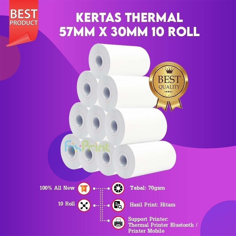 

FixPrint FixPrint Kertas Thermal 57mm x 30mm Struk Kasir Coreless 5 Roll 10 Roll 15 Roll Tanpa Core / Coreless Kertas Struk