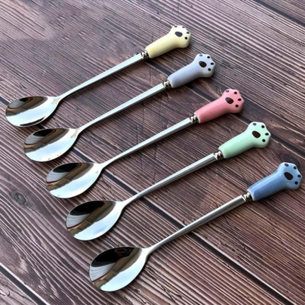 

Cute Ceramic Handle Coffee Spoon Stainless Steel Cat Paw Dessert Spoon Long Handled Ice Spoon
