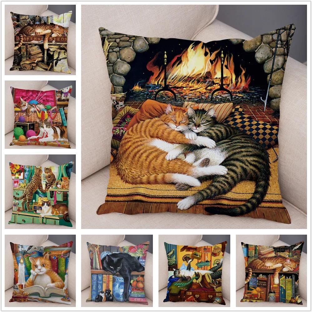 

Oil Painting Color Cat Cushion Cover Pillowcase Home Decor Cartoon Animal Sofa Aesthetics