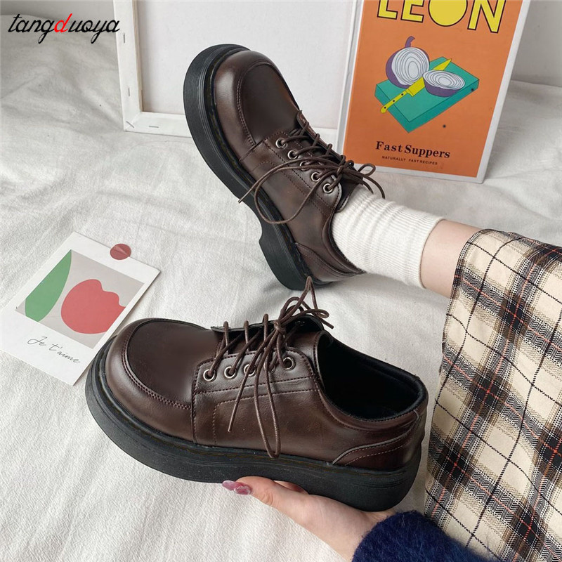 Platform Vintage Shoes Oxford Shoes 2024 autumn Vintage Brown Leather Lace Up Women Fashion Loafer S
