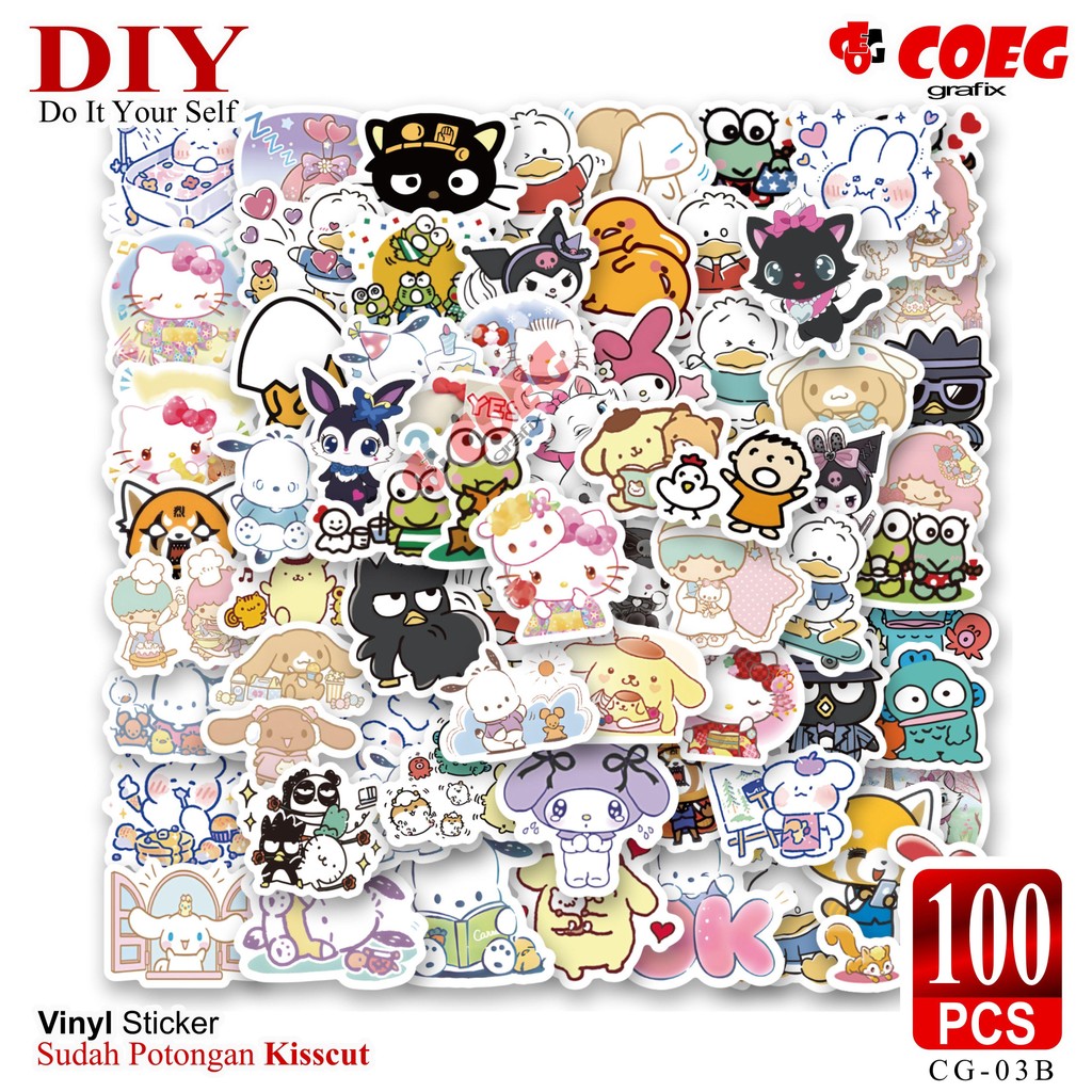 

Sticker Pack Sanrio Kuromi, Melody & Cinnamoroll CG-03 | 100 pcs, 200 pcs, 300 pcs | Vinyl Premium, Dicutting Presisi, Tahan Air