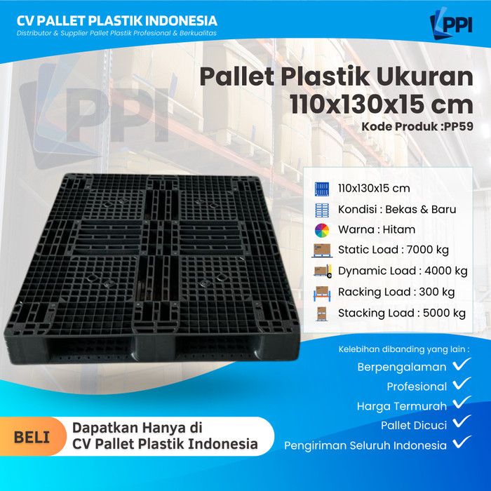 

Pallet Plastik Bekas/Baru Ukuran 110x130x15 cm – PP59 / Pallet Plastik Hitam/ Pallet Plastik Jaring