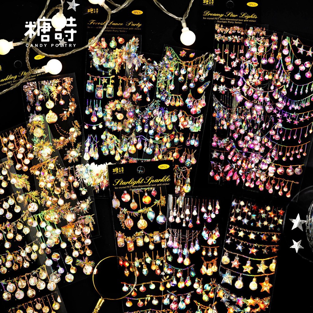 

3 pcs Vintage party lights theme sticker DIY collage decorative Scrapbooking Material handmade Diary Album Junk Journal Supplies