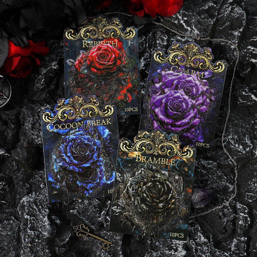 

JIANQI 10 Pcs Creative Dark Style Rose flower Stickers hand tent DIY Sticker Labels Scrapbooking Material Junk Journal Supplies