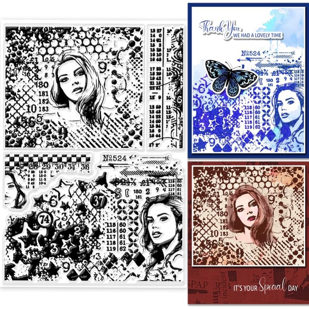 

1Sheet Vintage Woman Clear Stamps Woman Head Sculpture Silicone Clear Stamps with Stained Star Background for Card Making
