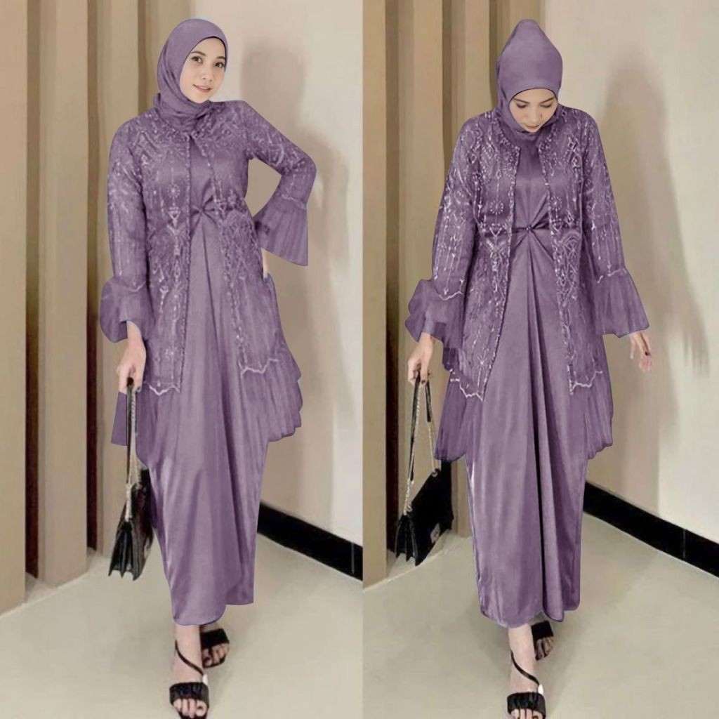 Gamis 2in1 brukat tile size M-XXL jumbo bigsize dress gamis muslimah cardigan Dalaman Maxi Mutiara P