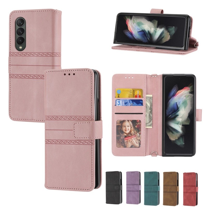 Kotak Kulit Samsung Z Fold 2 Z Fold 3 Fold 4 fold 5 Flip Magnetic Closure Card Bracket Wallet Case H