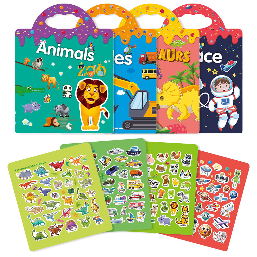 

GUYUCOM 4 Pack Reusable Sticker Books 3D Clear Animal Space Vehicles Dinosaur Sticker Book Educational Learning