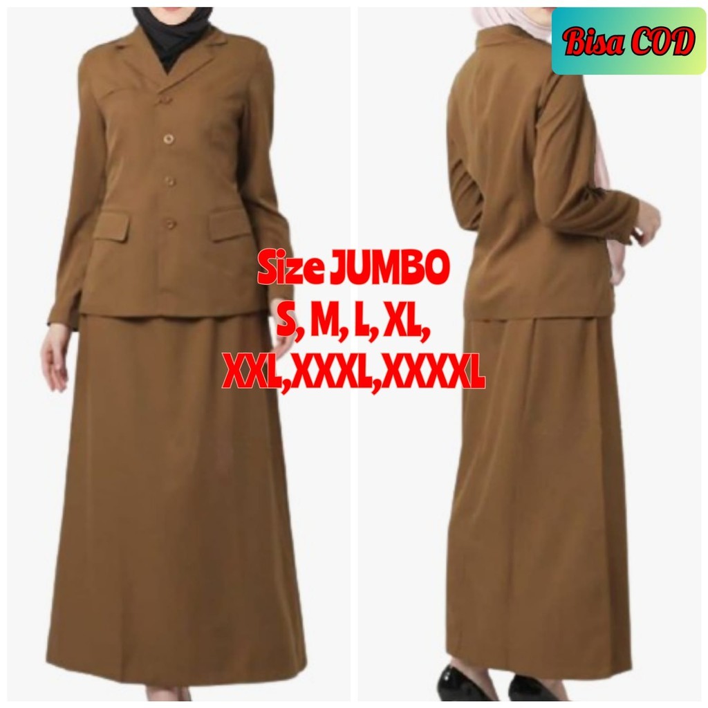 Baju setelan rok pemda seragam premium set guru pns kekinian coklat khaki polos blazer terbaru jumbo
