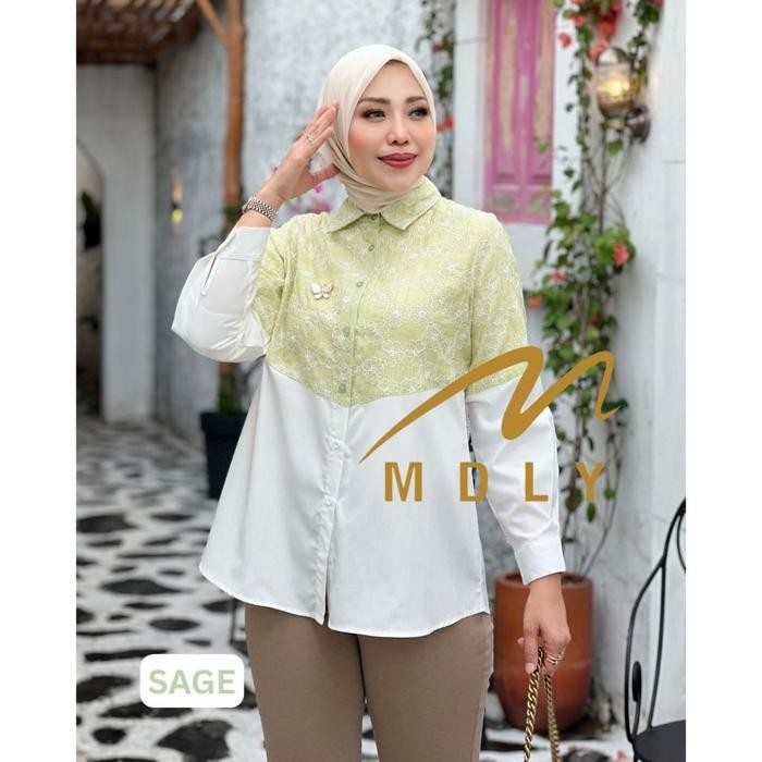 Baju kemeja atasan wanita Kombinasi Motif Lynni Shirt By Mdly Bordir Katun Muslim Wudhu - Sage, Regu