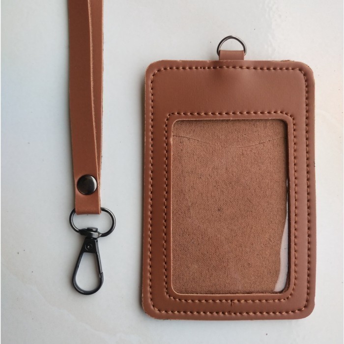 

[New Collection] Kulit Holder Lanyard Name Tag ID Card Kulit Muat 2 Slot Kartu TJ MRT - Coklat Muda