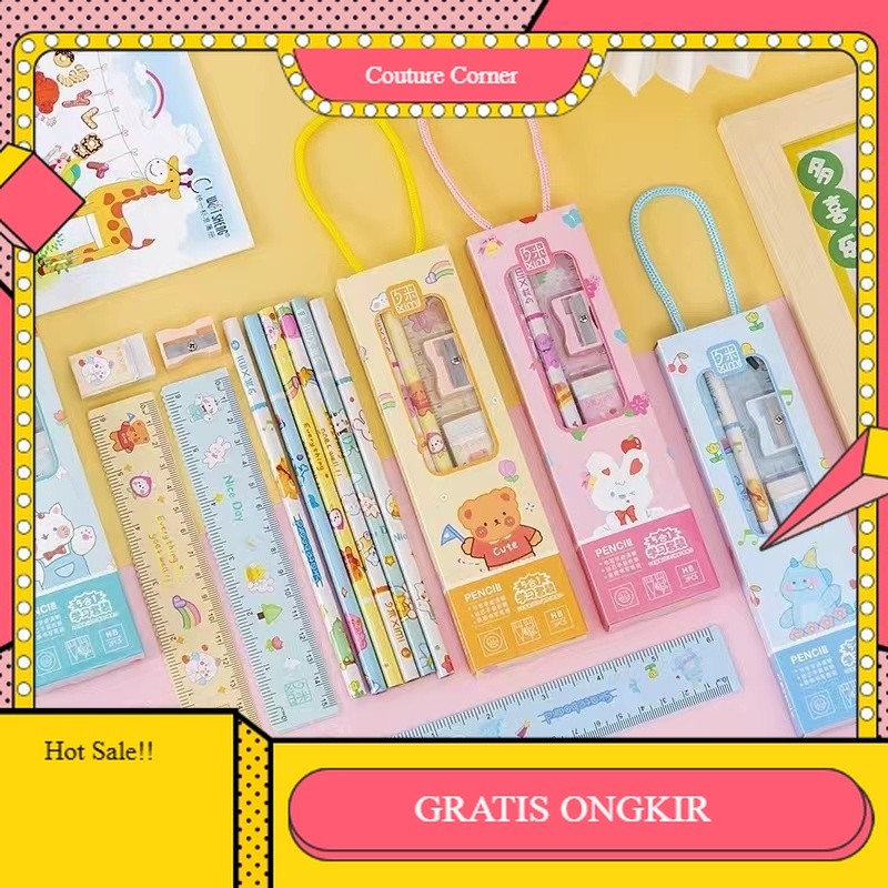 

【CORNER1】PROMO!! Set Alat Tulis 5 in 1 Karakter Lucu Pensil Penghapus Penggaris Serutan PAKET ALAT TULIS