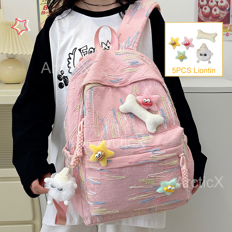 【5PCS Liontin 】Tas Sekolah Wanita Pink Lucu Tas Sekolah Sma Korean Style Wanita Tas Sekolah Kecil Lu