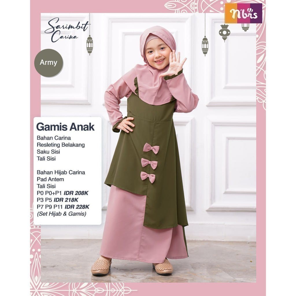Nibras Sarimbit Carina Gamis Anak Perempuan Set Jilbab Warna Army Burgundy Baju Muslim Daily Cute