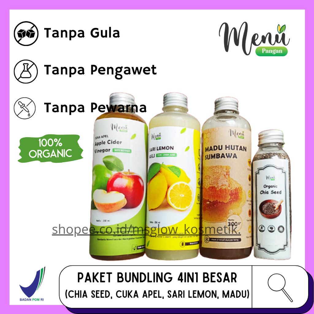 

Paket Detoks Bundling 4in1 - Set Cuka Apel | Chia Seed | Madu Hutan Sumbawa | Sari Lemon - Paket Minuman Sehat Untuk Tubuh