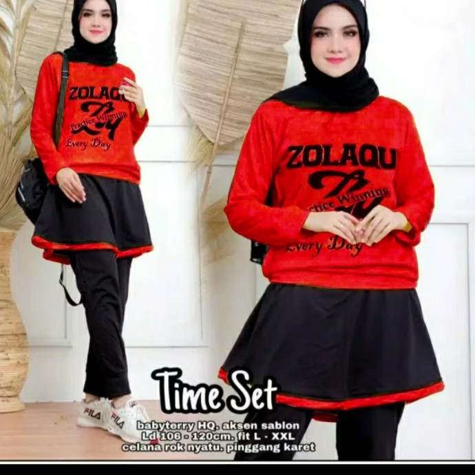 Sale SET TIME JCHM PAKAIAN WANITA SETELAN ATASAN DAN CELANA ROK BAHAN BABYTERRY MERAH XXXL