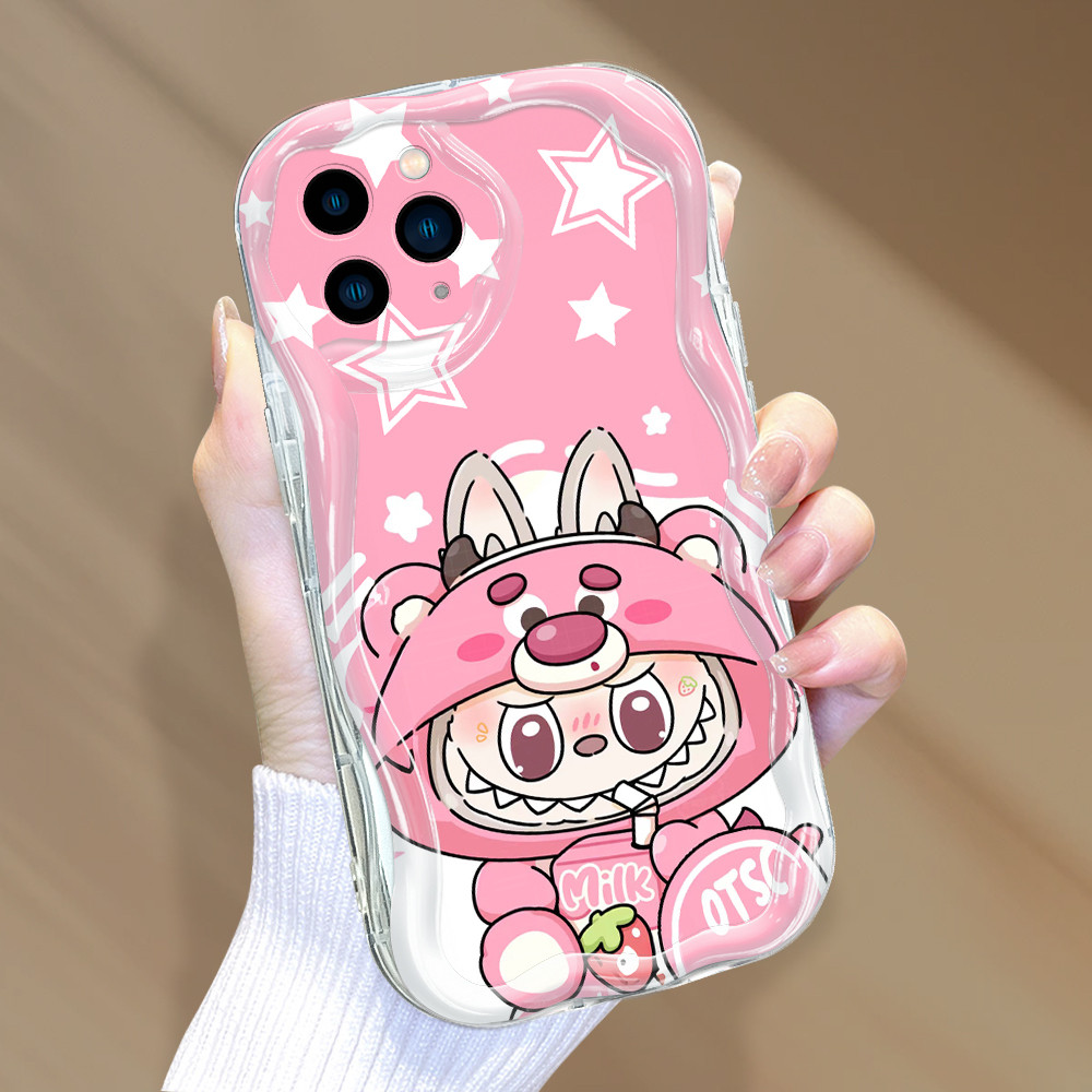 Compitable With iPhone 11 Pro Cute Strawberry Bear Labub Cartoon Pattern Cream Texture Silicone Untu