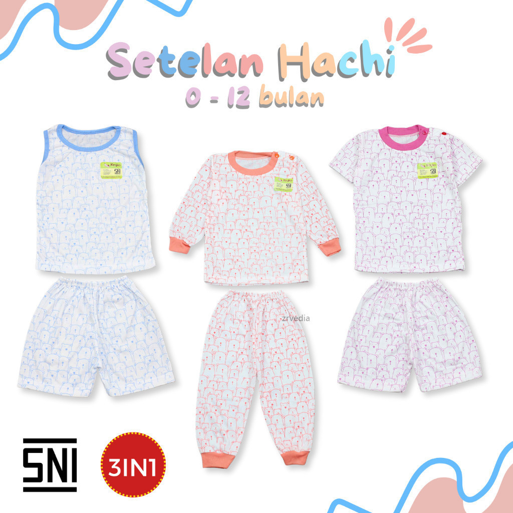 (SET 3PCS) Setelan Hachi Baby New Born - 12 Bulan SNI / Setelan Katun Bayi Baju Tidur Anak Perempuan