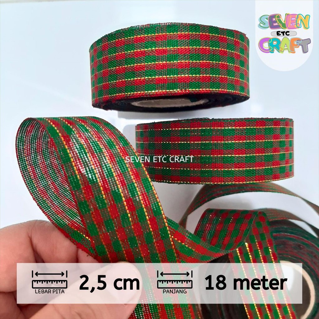 

Pita Kain Kotak Merah Hijau Benang Emas 1 inch 2,5 cm