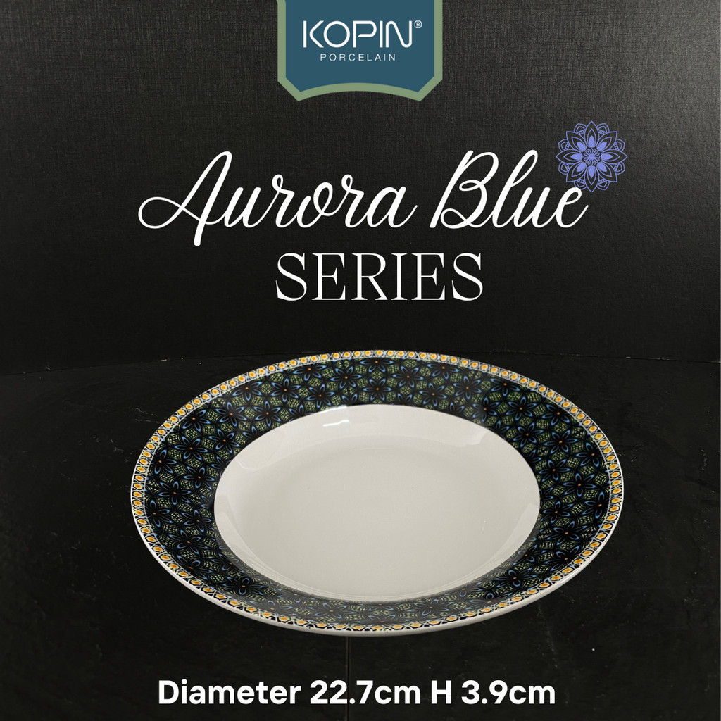 Piring Makan Keramik Porselen Model AURORA BLUE Diameter 23 CM | KOPIN