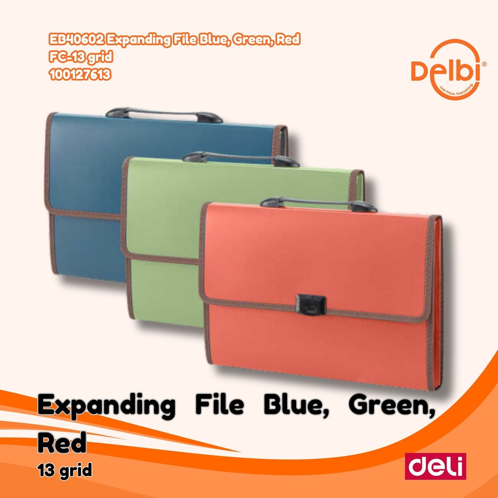 

Deli Expanding File FC 13P anti air dengan smart push lock untuk keamanan file EB40602 Expanding File Blue, Green, Red FC-13 grid