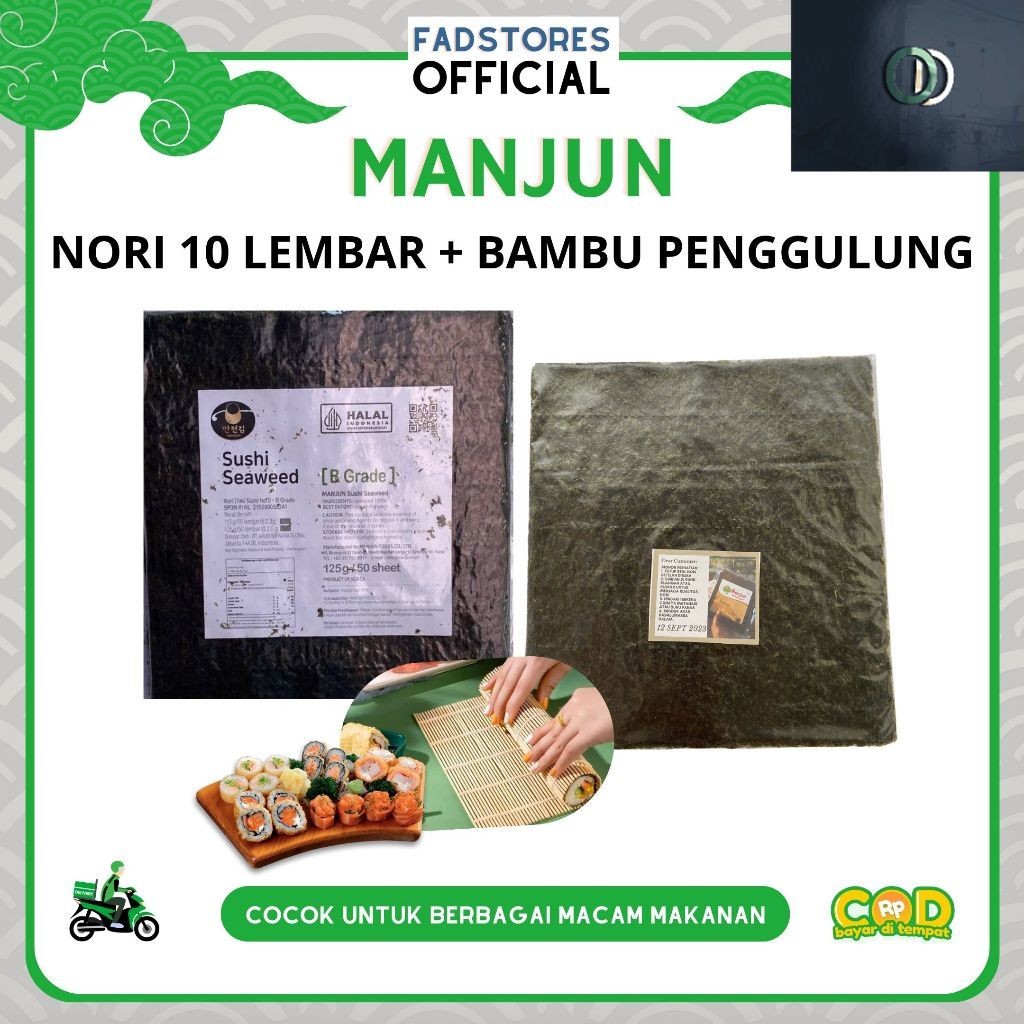 

PROMO HOT SALE !! / Paket Nori Rumput Laut Manjun 10 Lembar + Tikar Penggulung Sushi - Nori Sushi Halal